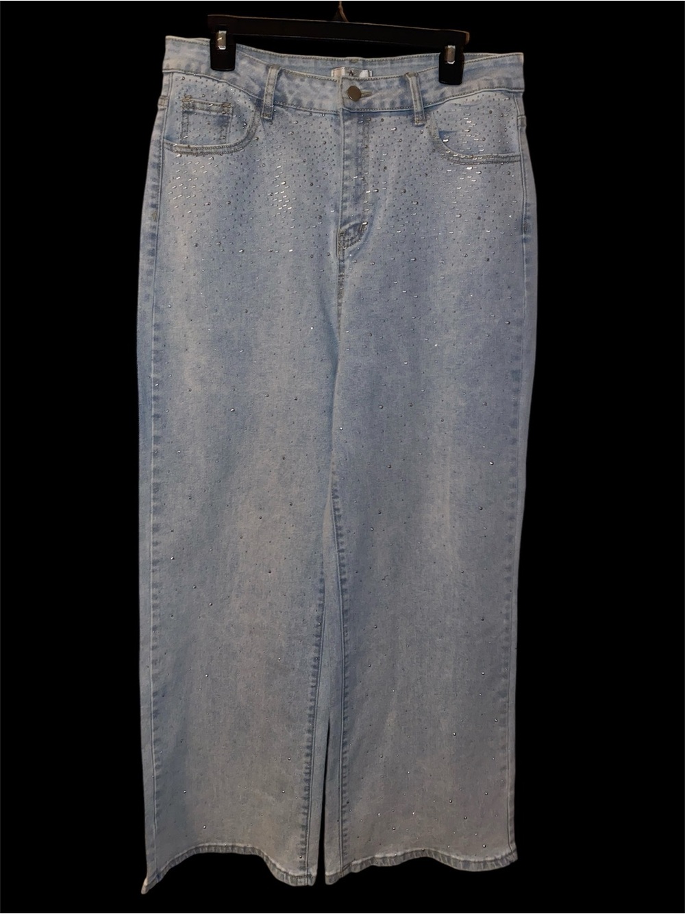 Light Wash Wide-Leg Jeans with Crystal Embellishment